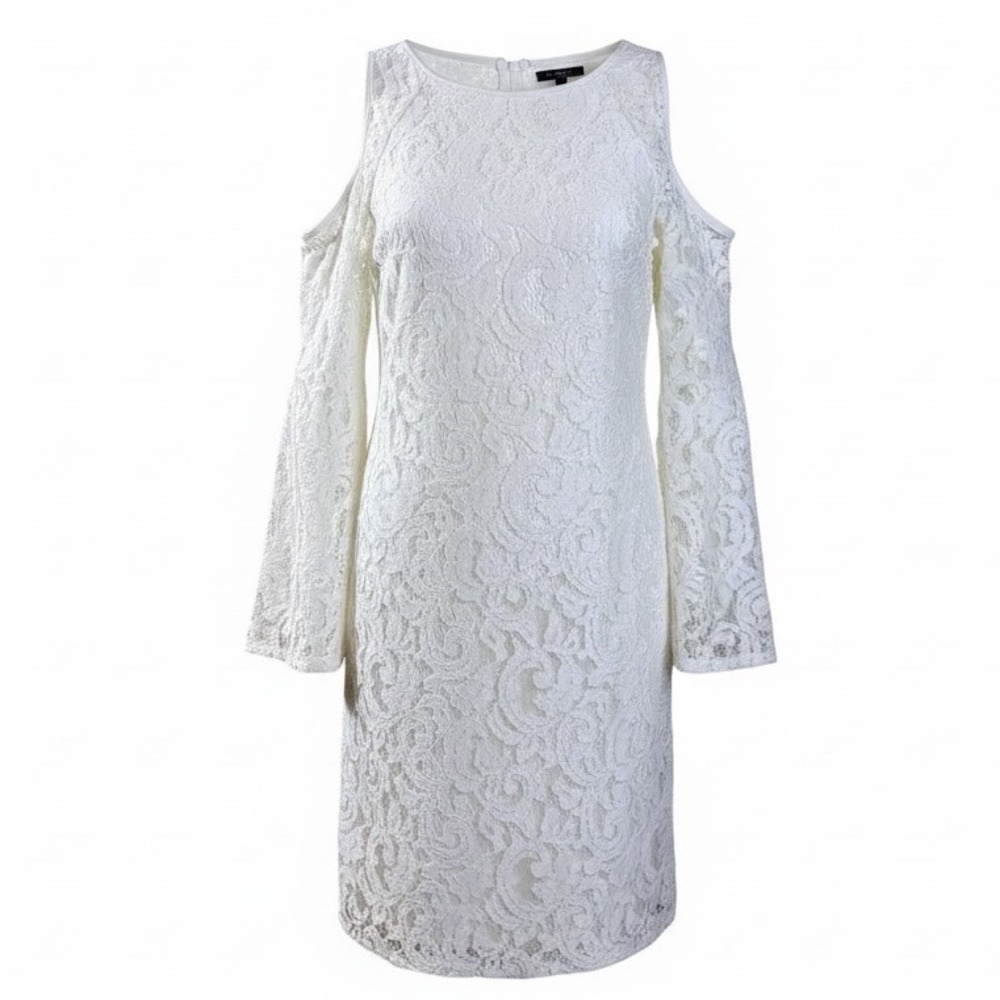 Adriana Papell Ivory Lace Dress Cold Shoulder Long Bell Sleeve US 6 NWOT‎
